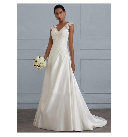 Autumn, Demure V-Neck Lace Bodice Wedding Gown