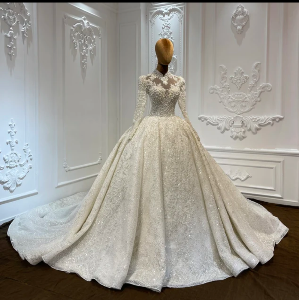 Jancember Opulence, Luxury beading 3D lace applique diamond floral long sleeve princess ball gown fairy wedding dress with cathedral train
