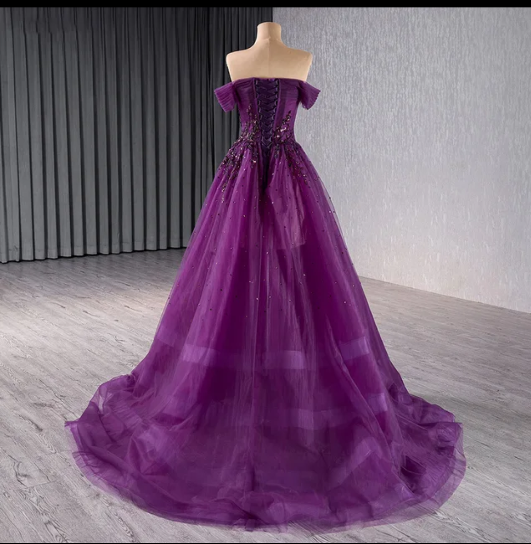 Jancember Majesty, Elegant Off Shoulder Tulle Prom Dress Lace Appliques Crystal Evening Dress Ball Gown Party Dress