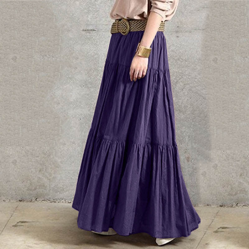 Level Up, Solid Color Pleated Long Loose Cake Skirt, Layered Hem Skirt ( Plus Sizes Available)