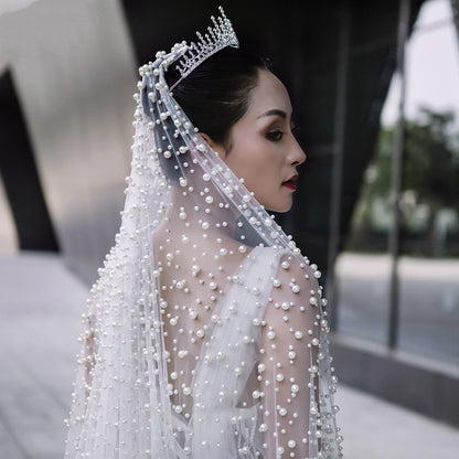 Ornate Luxury, Heavy Pearl Beaded  Bridal Veil fit for a Queen