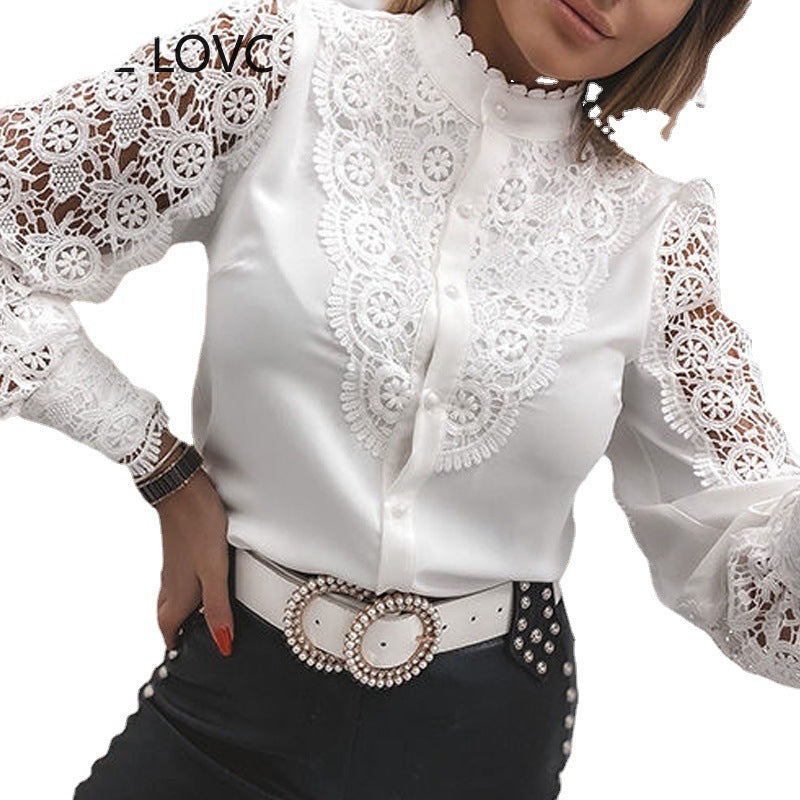 White Lace, Fashion Lace Long Sleeve V Neck Button Front Shirt for Women