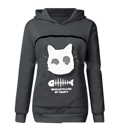 Fun Wear, Women Hoodie Sweatshirt With Cat Pet Pocket Design, Long Sleeve Sweater