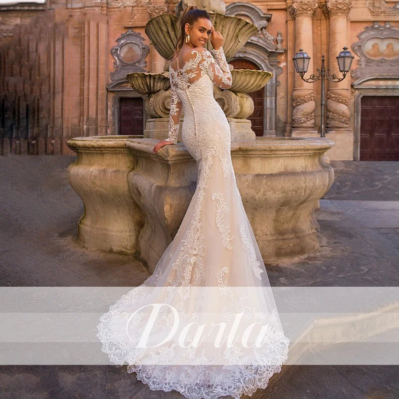 Darla, Stunning Mermaid Sweetheart Neckline Long Sleeve Detachable Train 2 in 1 Lace Wedding Gown