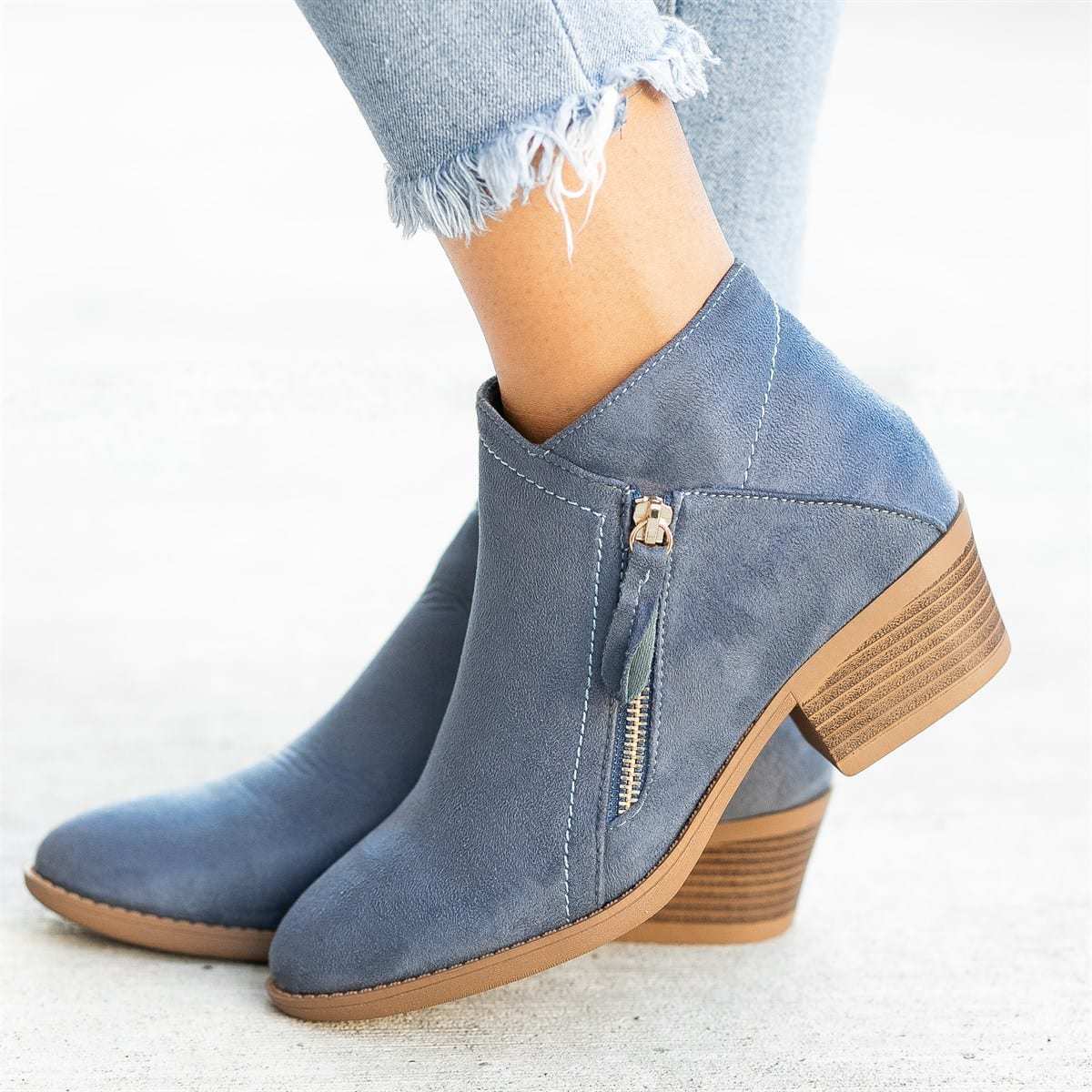 Go West, Suede Style Ankle Boots For Women, Low Heel with Side Zipper