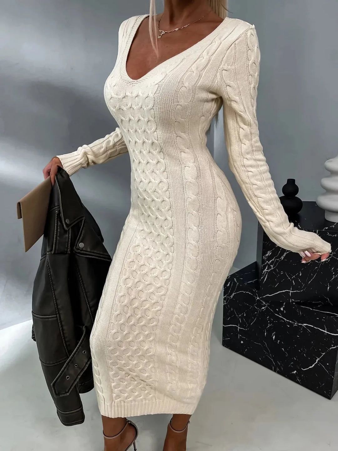 E.Q., Striking Casual V-neck Patchwork Lace Sweater Dress