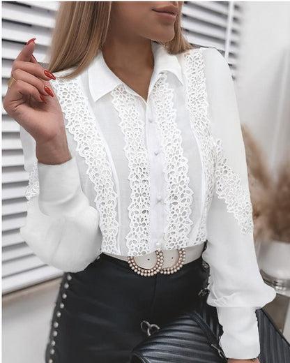 White Lace, Fashion Lace Long Sleeve V Neck Button Front Shirt for Women