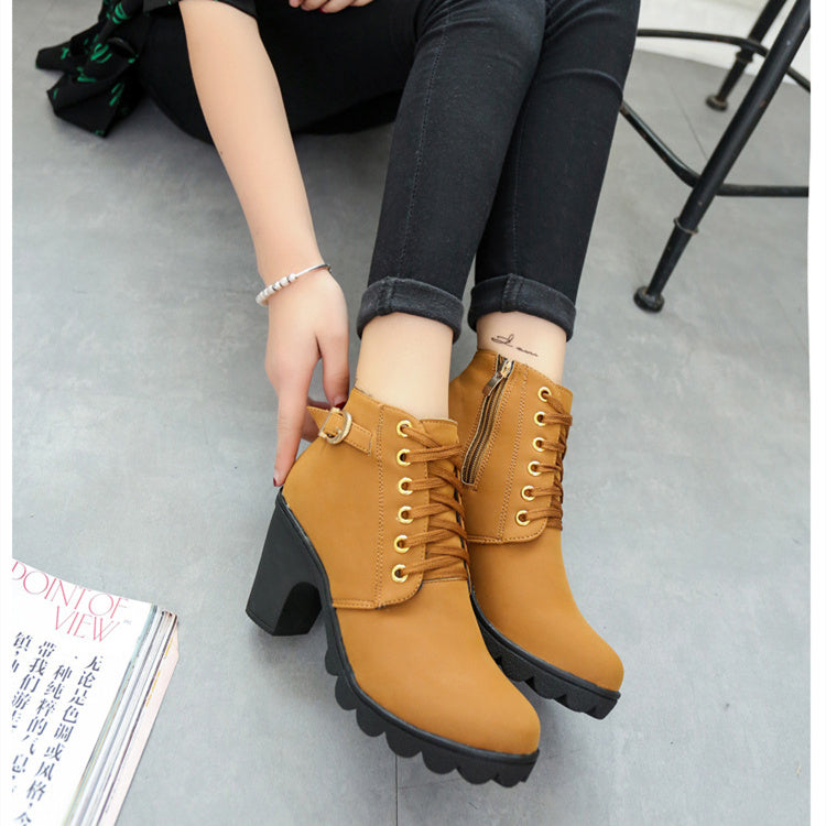 White Falls, Chunky Block Heel Boots, Buckle Ankle Boots      Women Shoes