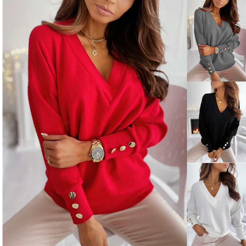 Simple Solid Color Long-sleeved V-neck Button Bottoming Shirt