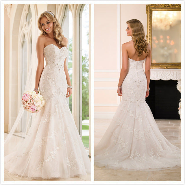 Reveal, Jewel Studded Trailing Mermaid Wedding Dress, Sweetheart Strapless Lace Bodice