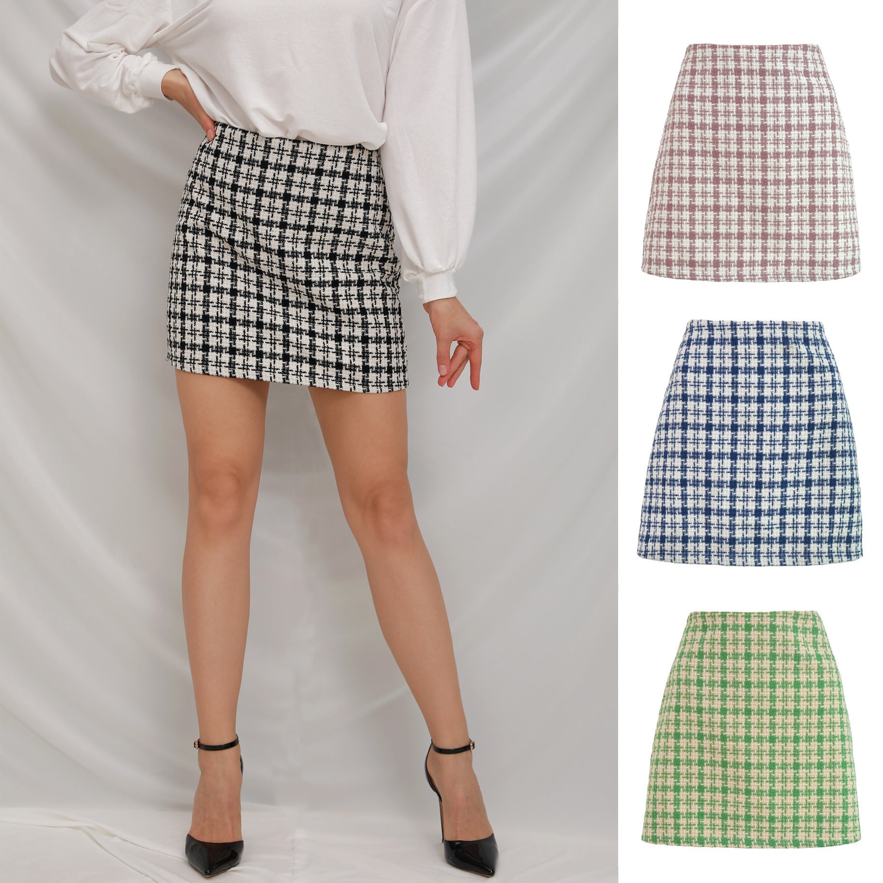 Xiaoxiangfeng, Woolen High-waisted Skirt, Retro Well Grid A-line Skirt for Women