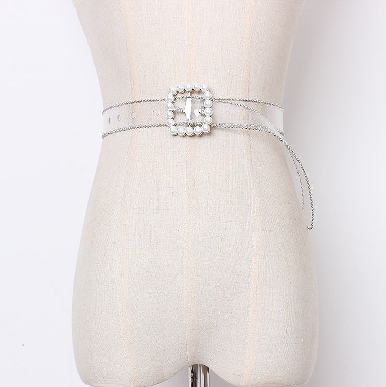 Understatement, Elegant Beaded Pearl Buckle Belt for Women