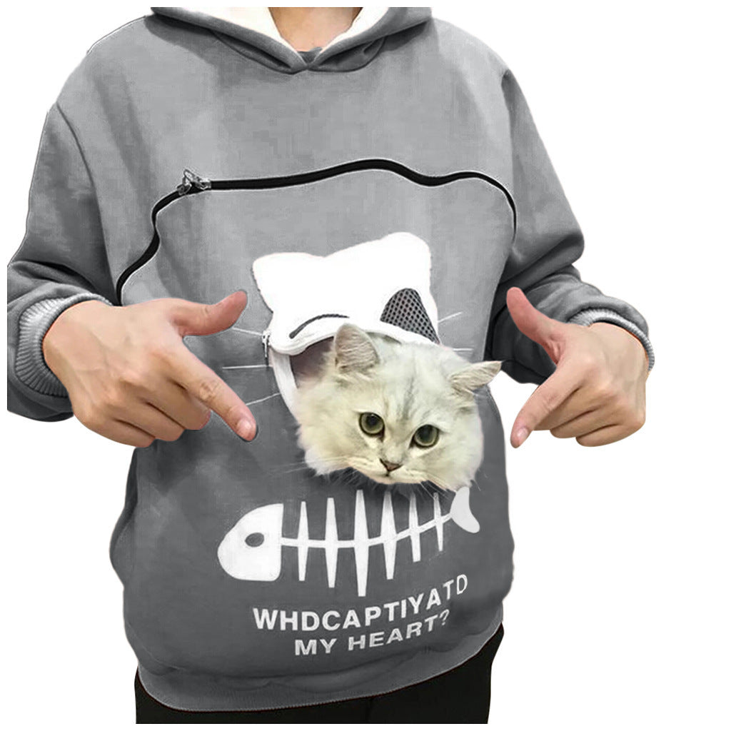 Fun Wear, Women Hoodie Sweatshirt With Cat Pet Pocket Design, Long Sleeve Sweater