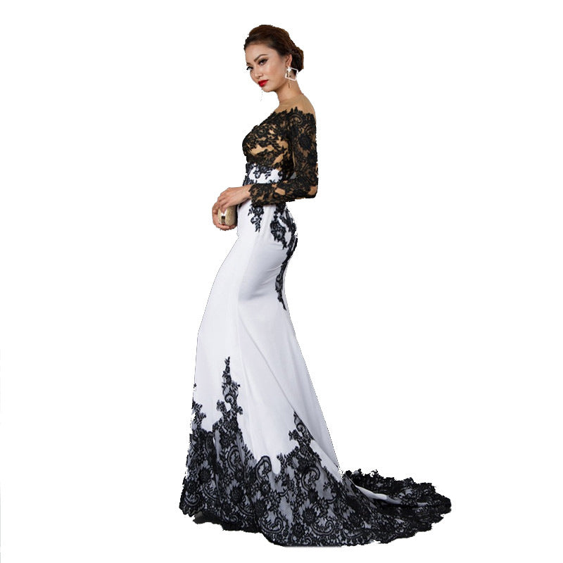 Statements, White Black Is Lace Embroidered Off-Shoulder Slim Fishtail Formal Women&