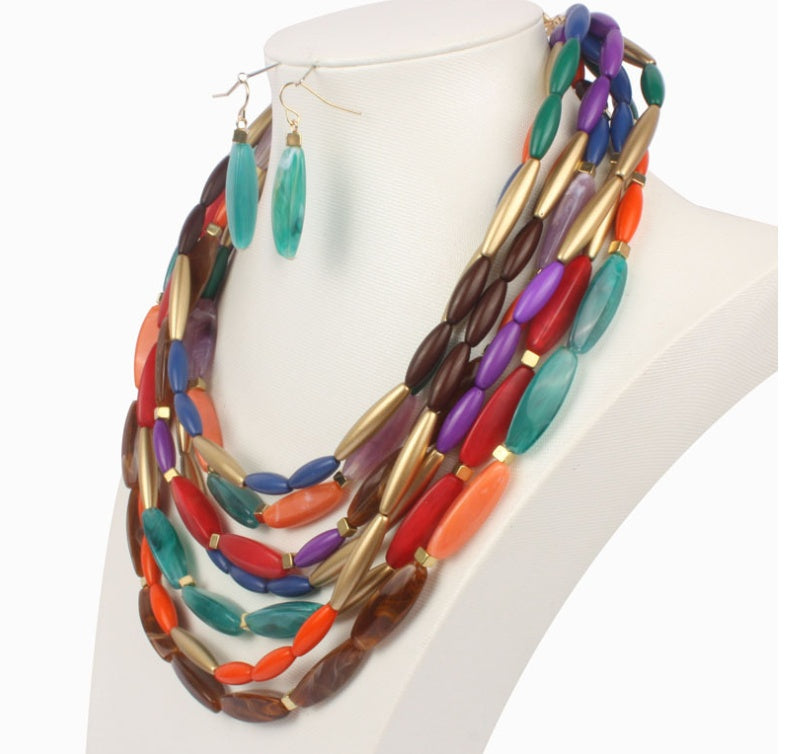 Versatile Style, Multi Color Beaded Fashion Necklace with Gold Accent Beads and Matching Earrings