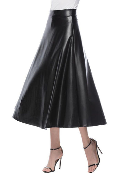 Flair, Faux Leather Mid Length Skirt with High Waist