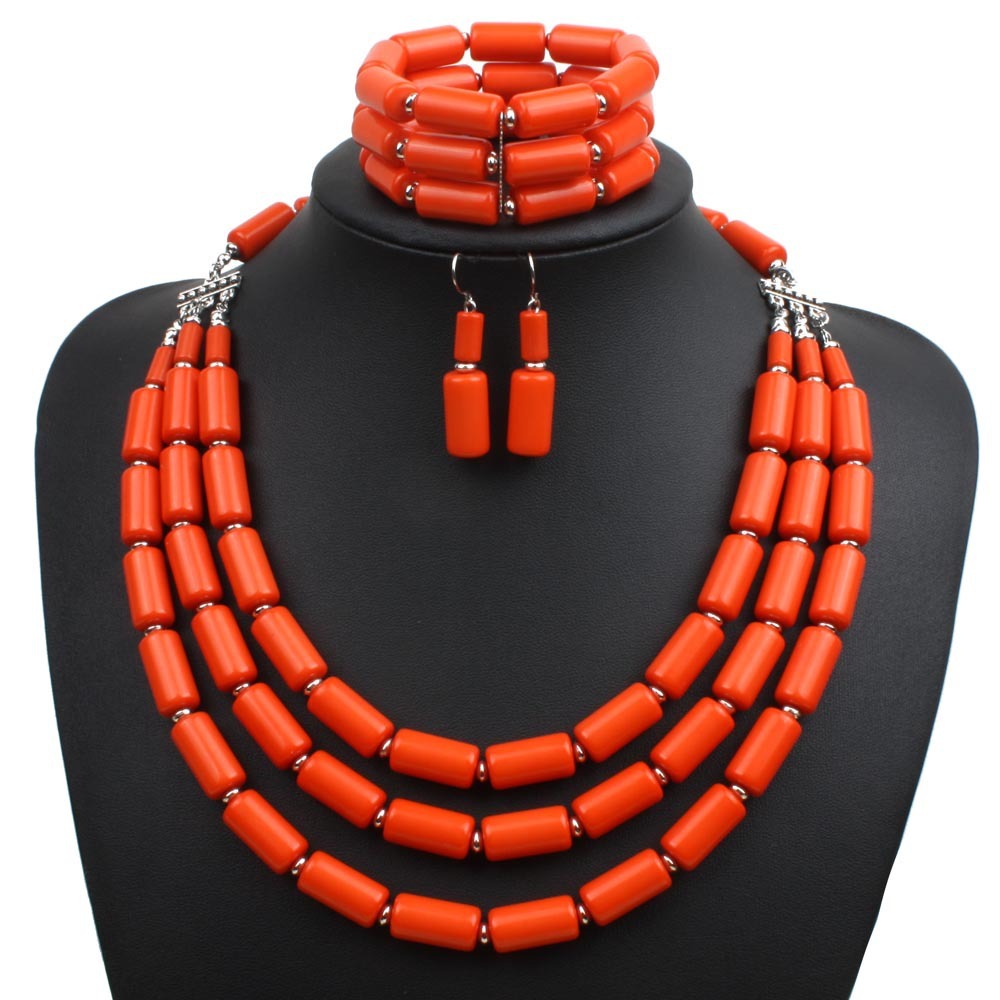 Majestic Coral, Vibrant Coral Colored Beaded Three-piece Multi-layer Necklace, Bracelet and Earring Set