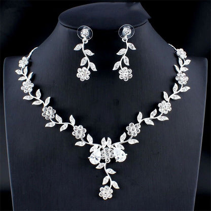 Zirconium, Golden Bridal Necklace and  Earrings Wedding Two-piece Set