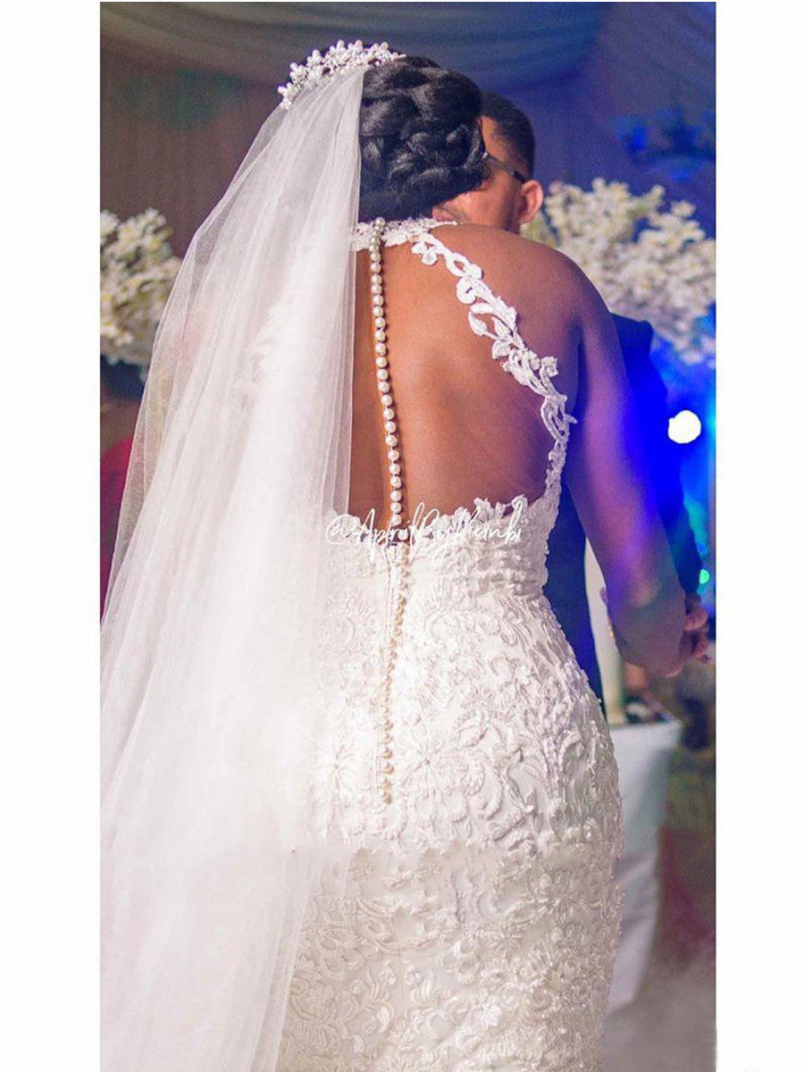 Nova, Vintage Lace Beaded Wedding Dress with Long Train               Sheer Neck Sexy Mermaid Bridal Wedding Gowns