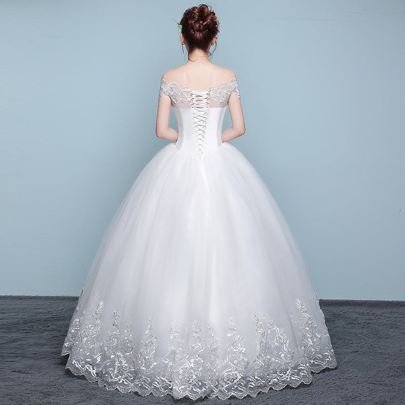 Qidi, Lovely Lace Bodice Full Skirt Off-the-Shoulder Wedding Dress for Women