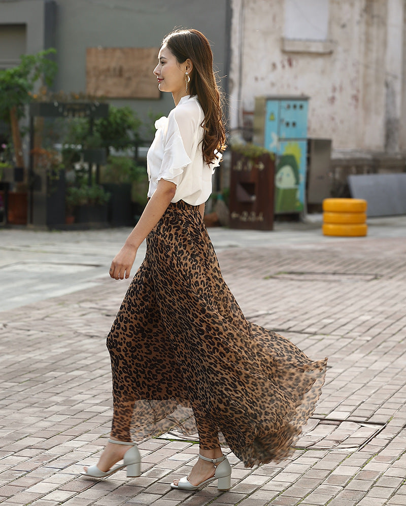 Dalliance, Leopard Print Feminine Chiffon Long Skirt