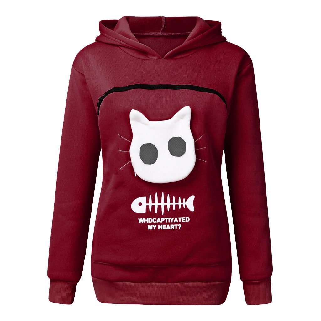 Fun Wear, Women Hoodie Sweatshirt With Cat Pet Pocket Design, Long Sleeve Sweater