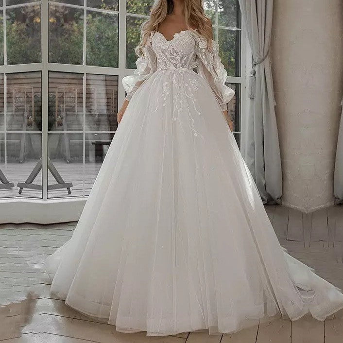 Crown, Bride Gown with Puff Sleeves Off Shoulder Wedding Dresses