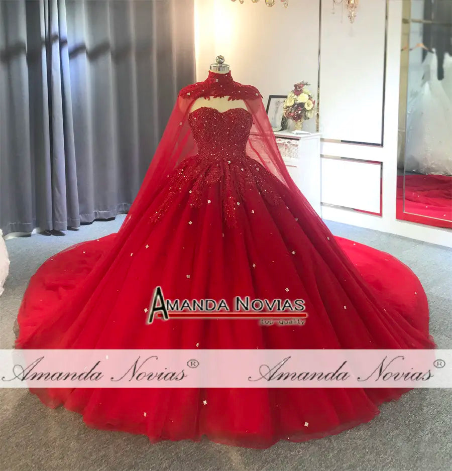 Amanda Novias, Red Holiday Wedding Dress With Cape, Wedding Party Dress Full Beading