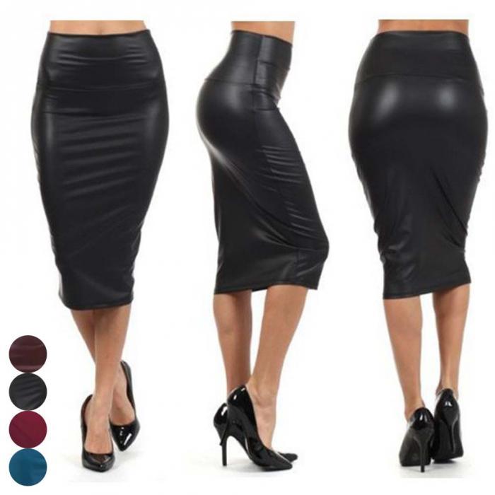 Newly, Women High Waist Faux Leather Pencil Skirt, Bodycon Skirt Solid Sexy OL Office Skirts