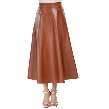 Flair, Faux Leather Mid Length Skirt with High Waist