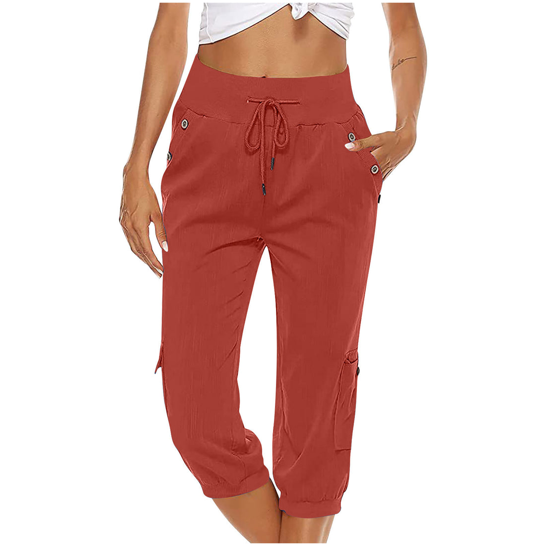 L.A.B, Ladies Solid Color Drawstring Leisure Straight Leg Cropped Pants, Sportswear