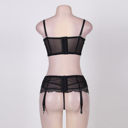 Feeling Sexy, Three Piece Lingerie Satin and Black Lace Garter Set