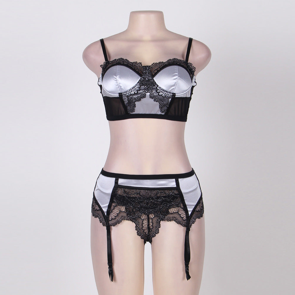 Feeling Sexy, Three Piece Lingerie Satin and Black Lace Garter Set