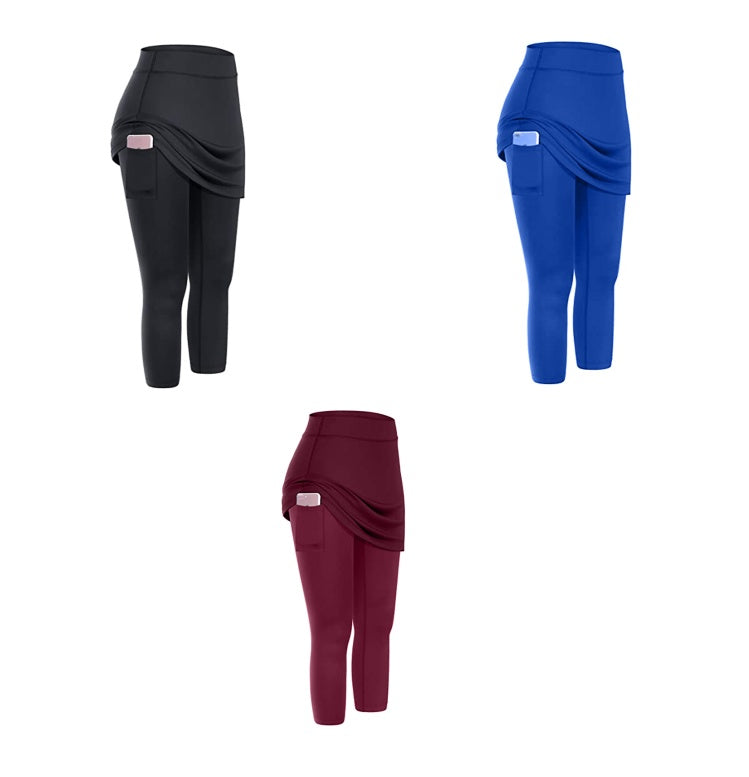 Perfect Combination, Women Tennis Skirted Leggings with Pockets.  Elastic Sports Yoga Capris Skirt with Legging