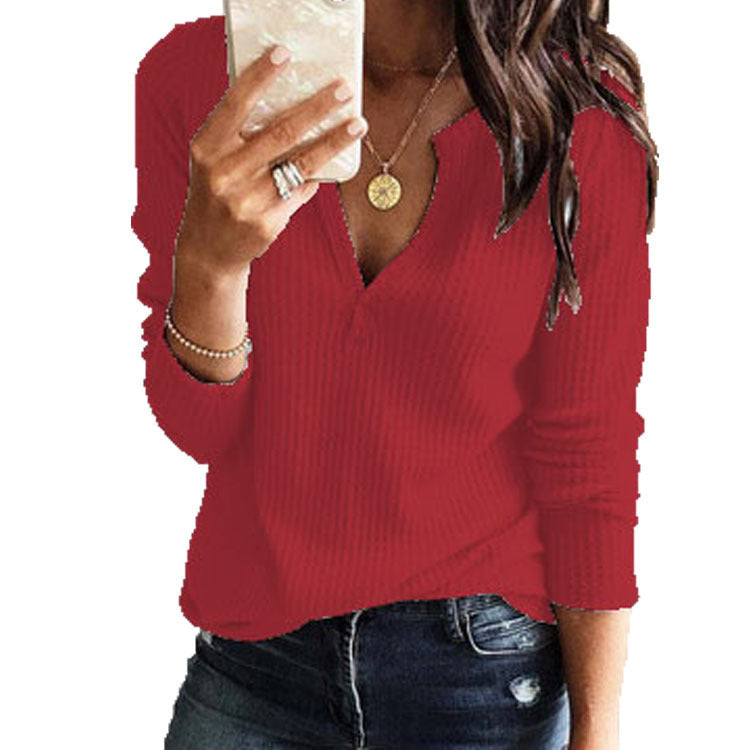 Autumn And Winter Long Sleeved Solid Color Knitted Large Size V Neck Blouse T Shirt Women&