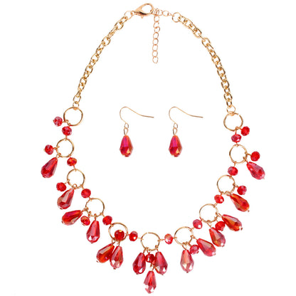 Glorious Droplets, Exaggerated Crystal  Droplet Shape Beaded Necklace and Earrings Set