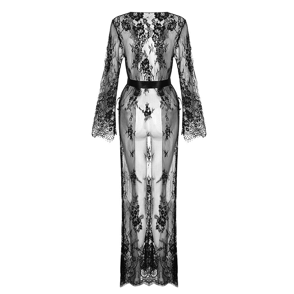 Sexy Perspective Lingerie Women Long Sleeve Lace Robe