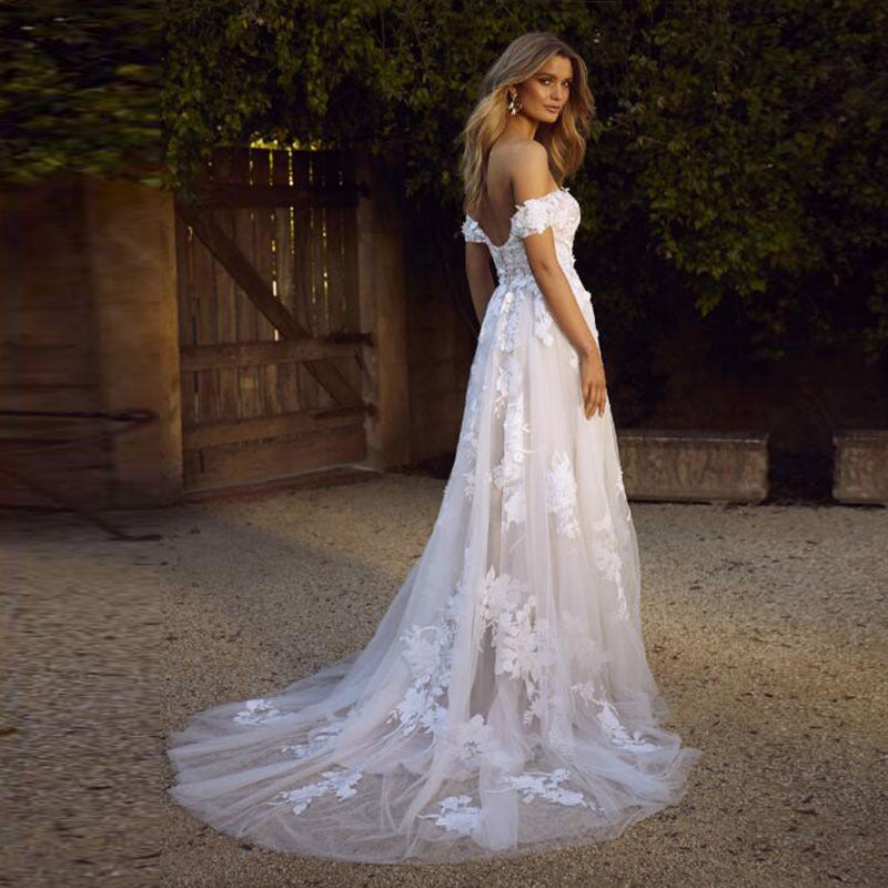 Heart, Lace Wedding Dresses with Appliques, Off The Shoulder A-Line Bride&