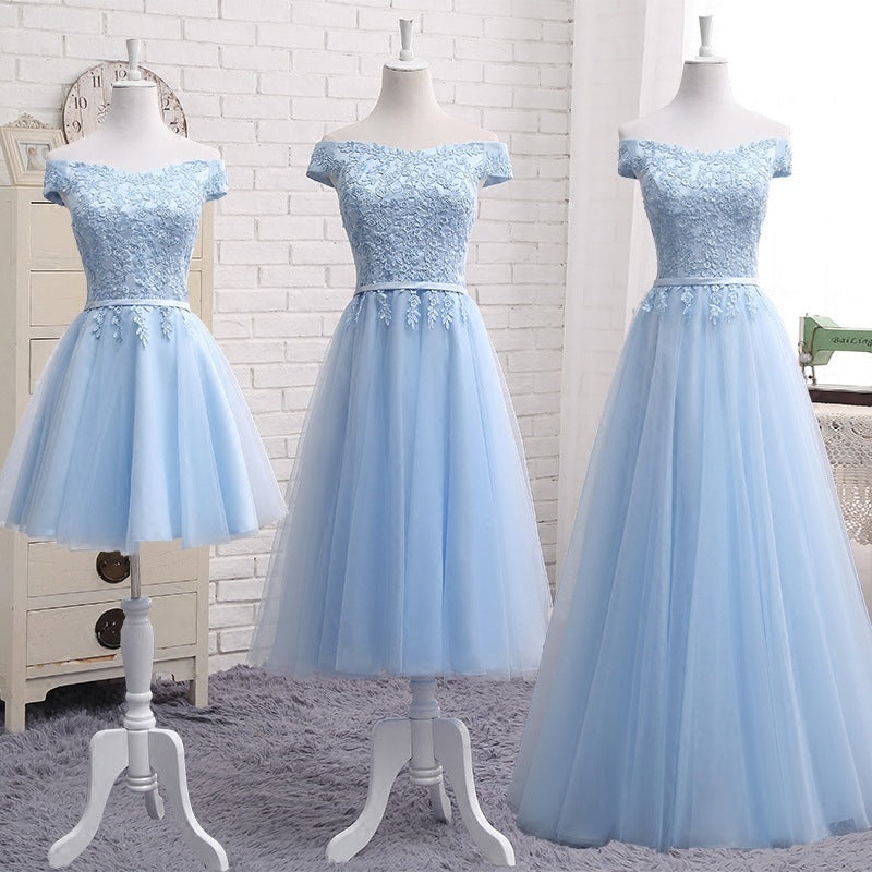 Blue Ivey, Sisters Dresses in Three Different Lengths Off-shoulder Bridesmaid&