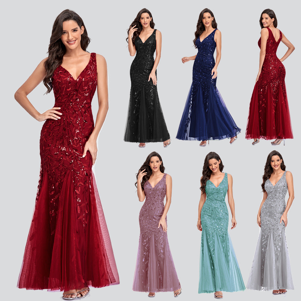 Maiden, Long Skirt Sleeveless V-Neck Embroidered Sequins Slim Fitting Fishtail Bridesmaid/Evening Dress for Women