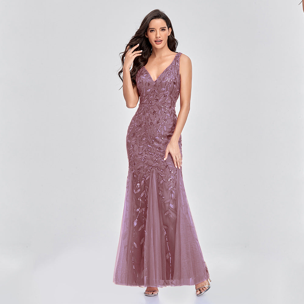 Maiden, Long Skirt Sleeveless V-Neck Embroidered Sequins Slim Fitting Fishtail Bridesmaid/Evening Dress for Women