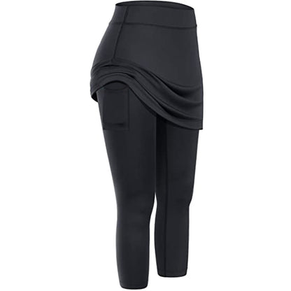 Perfect Combination, Women Tennis Skirted Leggings with Pockets.  Elastic Sports Yoga Capris Skirt with Legging