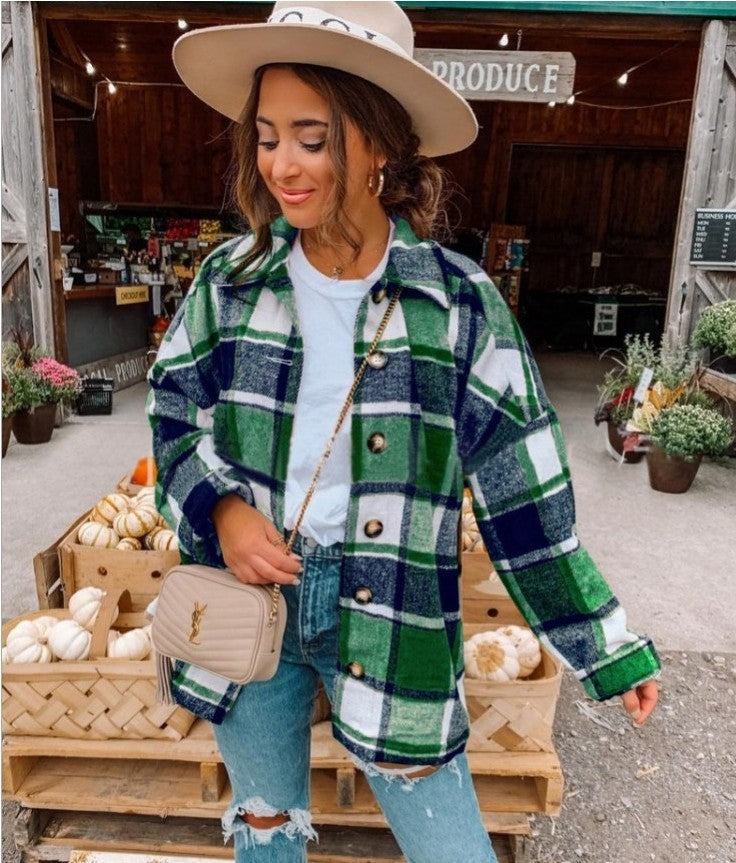 Palette, Fall Long-Sleeved Loose Plaid Shirt Jacket for Women