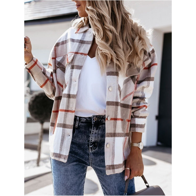 Palette, Fall Long-Sleeved Loose Plaid Shirt Jacket for Women