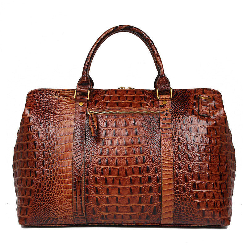 Outback, Rich Brown Crocodile Printed, Real Leather Duffle Bag For Weekend Traveling