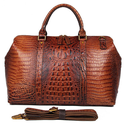 Outback, Rich Brown Crocodile Printed, Real Leather Duffle Bag For Weekend Traveling