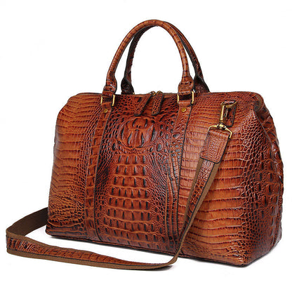 Outback, Rich Brown Crocodile Printed, Real Leather Duffle Bag For Weekend Traveling