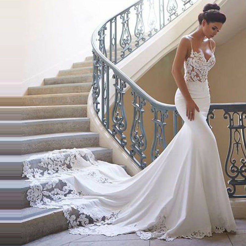 Sheer Beauty, Elegant Sheer Lace Bodice with Spaghetti Straps Bridal Gown with Pooling Lace Embellished Train