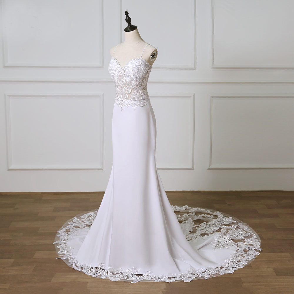 Sheer Beauty, Elegant Sheer Lace Bodice with Spaghetti Straps Bridal Gown with Pooling Lace Embellished Train