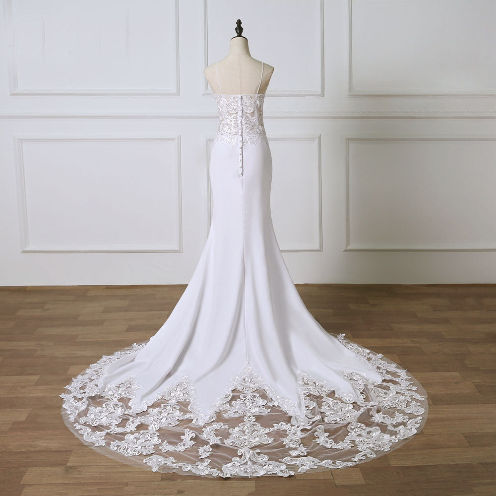 Sheer Beauty, Elegant Sheer Lace Bodice with Spaghetti Straps Bridal Gown with Pooling Lace Embellished Train